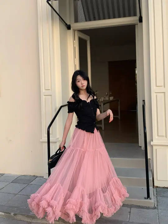 春用 薄手フレアスカート【柔らかなネット生地・ピンク・長丈】（セットアップ対応）