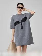 グレー印花ラウンドネックニットショートスリーブワンピース【軽量・感・春用】