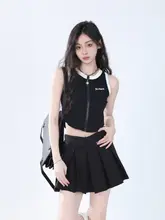 美式ハイストリートスタイル ブラウンジッパータンクトップ【ショート丈・デザイン性あり】