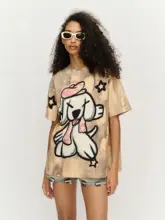 小犬のアートプリントが魅力！ゆったりデザインの女性用Tシャツ【短袖・グラデーション仕様】