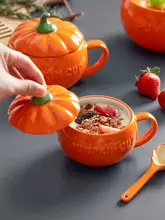 可愛い陶器の南瓜デザインマグカップ【フタ付き・スプーン付き・朝食用】