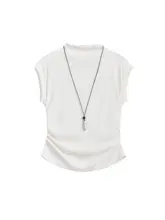 半高ネックデザインのレディースショートスリーブTシャツ【フリル袖・夏用・スリムフィット】