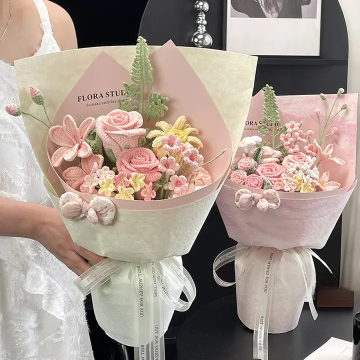 手編み ブーケ かぎ針編み 毛糸の花 誕生日 結婚祝い 彼女 友人 女性 プレゼント