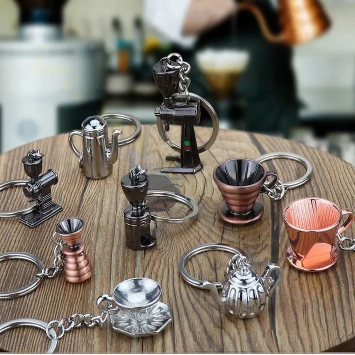 モカコーヒー器具ミニキーホルダー【ラテアートカップ・コーヒーポット・プレス器具付き】
