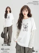 レディースラウンドネック長袖Tシャツ【レースメッシュ切り替え・春秋用】（セットアップ対応）