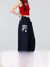 アメリカンストリート風 ロゴプリント ハイウエストカジュアルパンツ【ダンス用・秋季・ルーズフィット・ワイドレッグ】（セットアップ対応）