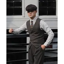 レトロなイギリス風 ダブルブレストカジュアルベスト【新郎用・ブラウン・スリムフィット】