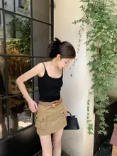 YUZUQI カーキ色 アメリカンレトロデザイン ハイウエスト スカート【ポケット付き・タイトシルエット・Aライン】