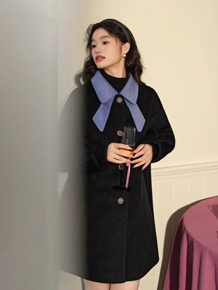 フレンチスタイルの黒いウールコート【ドールカラー・秋冬用・小柄サイズ対応】