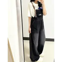 美式ヴィンテージ風 ブラックデニムサロペットパンツ【フィット・工事現場スタイル・女性用】（セットアップ対応）