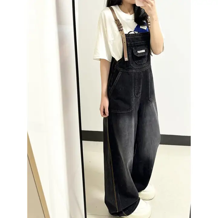 美式ヴィンテージ風 ブラックデニムサロペットパンツ【フィット・工事現場スタイル・女性用】（セットアップ対応）