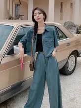 薄手デニムシャツ【夏用・女子向け】とワイドパンツ【高級感あるデザイン・ゆったりフィット】（セットアップ対応）