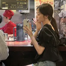 フランス風デザインの甘いリボン付きパフスリーブブラウス【小柄対応・フリル付き】（セットアップ対応）