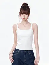 白色の胸パッド付きスクエアネックキャミソール【女性用・夏・ショート丈・フィットデザイン】