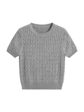 レディース 夏用短袖ニットTシャツ【薄手・グレー・ラウンドネック】