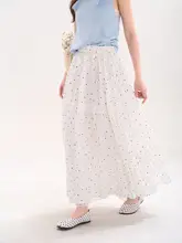 天絲レースフリル付きドット柄スカート【春用・ミディ丈・甘い雰囲気】