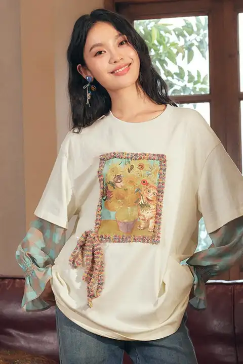 デザイン性のある重ね着風長袖Tシャツ【女性用・春向け】（セットアップ対応）