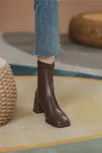 レディース 本革製 太ヒールショートブーツ【プレーントゥ・マーチンブーツスタイル・春秋用】