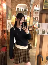 学院風ポロ襟ツイストニットトップス【女性用・長袖・フィットデザイン】