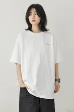 フレンチスタイルのゆったりとしたクルーネックプリントTシャツ【女性用・純色・夏用・綿100%・半袖】