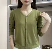 Vネック長袖Tシャツ【無地・ストレッチコットン・薄手・カジュアル】