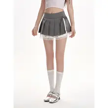 グレーアカデミースタイルのJKハイウエストフレアスカート【夏用・Aライン・プリーツデザイン・小柄女性向け】