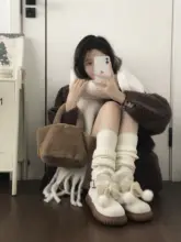 白色可愛い防滑厚底雪地靴【冬用・加温・簡単着脱】