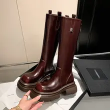 GUDAO 6cm厚底ミドルブーツ【女性用・ラウンドトゥ・加絨・膝下丈】