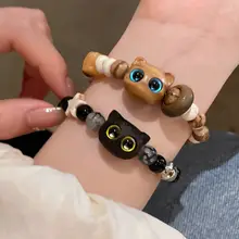 かわいい猫モチーフ ビーズブレスレット【陶器製・2個セット・女子向け・誕生日ギフト】