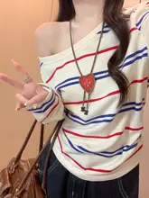 カラーライン入り 斜め肩デザイン長袖Tシャツ【秋冬用・ゆったりサイズ・オフショルダー】