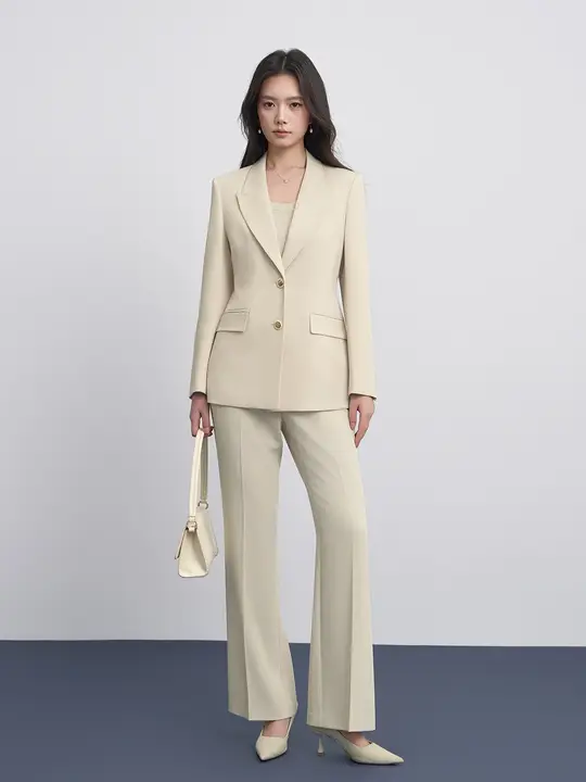 春夏用の米杏色スーツジャケット【女性用・オフィススタイル・通勤対応】（セットアップ対応）