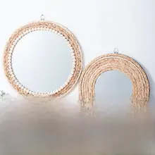 草紐装飾の丸型壁掛け鏡【ホテル・民宿用・リビングルーム・化粧鏡】