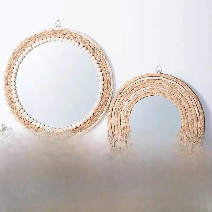 草紐装飾の丸型壁掛け鏡【ホテル・民宿用・リビングルーム・化粧鏡】