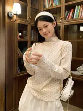 杏色ドット柄ハイネック袖付きTシャツ【レディース・ギャザー付き・秋用・インナー】