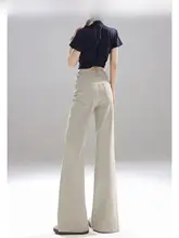 浅いカーキのヴィンテージ風ハイウエストテーパードデニムパンツ【ワイドレッグ・フィット・フレアデザイン】（セットアップ対応）