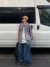 ユニセックス カラーブロックデザインの長袖チェックシャツ【カジュアル・春秋用】（セットアップ対応）