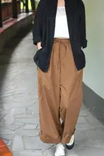 夏用 文芸風 レトロデザイン レディース ブラウンのウエストゴム 九分丈 ワイドパンツ