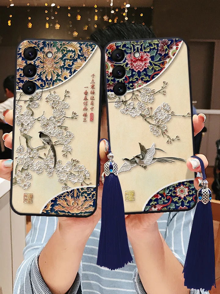 立体浮彫りデザイン サムスン Galaxy S25/S24/S23 対応スマホケース【古風花鳥・シリコン素材・衝撃吸収】