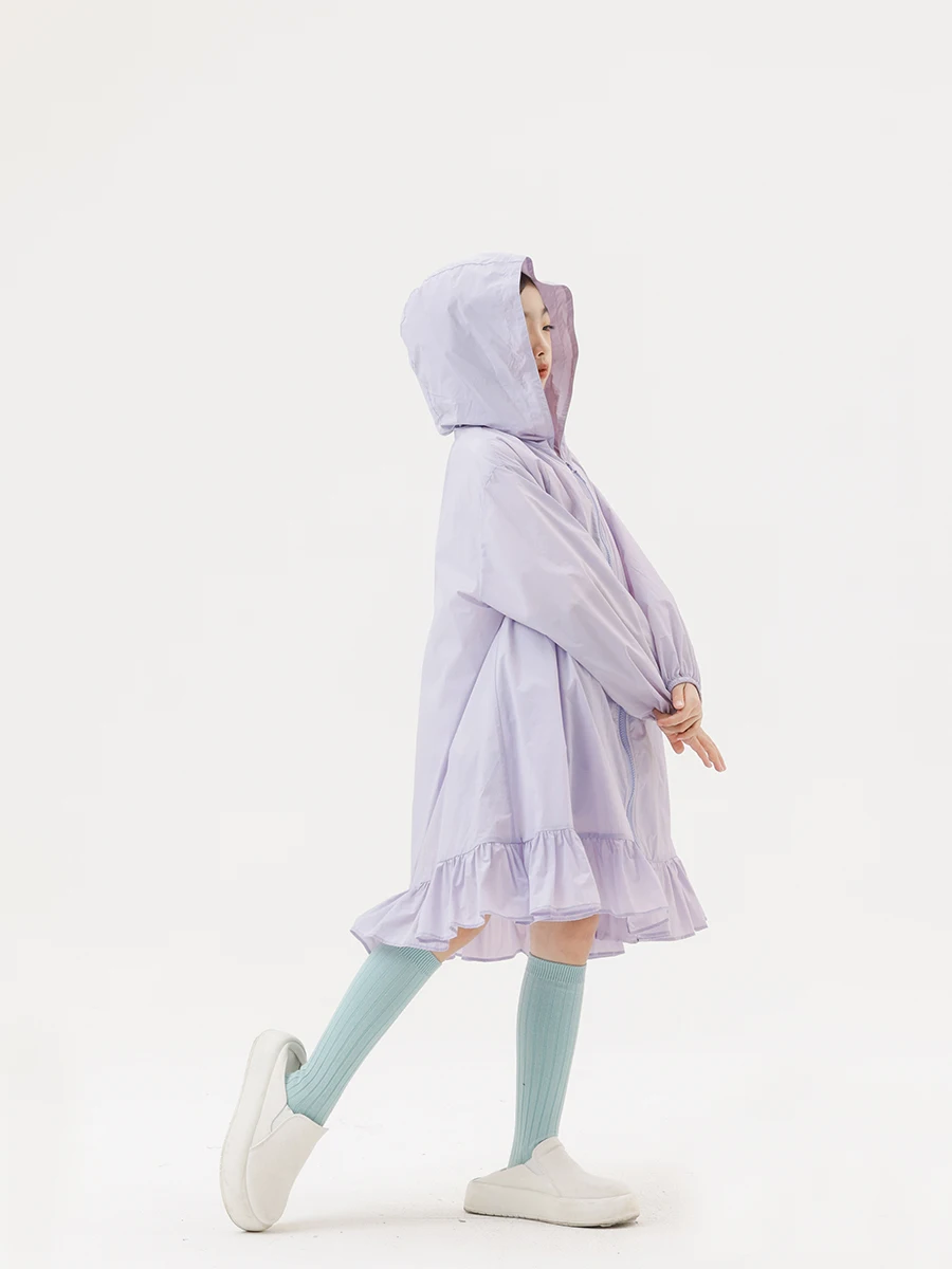 女の子用夏用紫色フリルカーディガン：アウトドアオシャレに最適なUVカット機能とゆったりシルエット