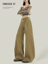 ワイドデニム レディース カーキ ハイウエスト ルーズ カーブド アメカジ ヴィンテージ 着痩せ 「Forever 21」
