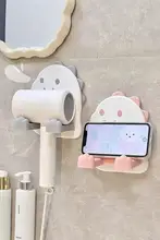 カートンデザインの壁掛けドライヤー収納ラック【穴あけ不要・バスルーム用・スマートフォンホルダー付き】