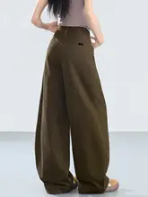 レトロブラウンデザインのデニムパンツ【夏用・ワイドレッグ・カジュアル通勤】