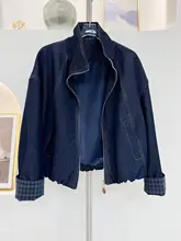 カジュアルショートデニムジャケット【チェック柄袖・ゆったりシルエット・立ち襟】（セットアップ対応）