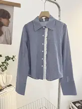 レースアクセントの青いチェック柄長袖シャツ【フレンチスタイル・女性用】