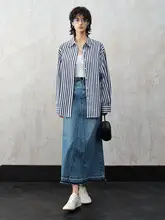 長袖 青いストライプシャツ【女性用・フィット・春秋用】