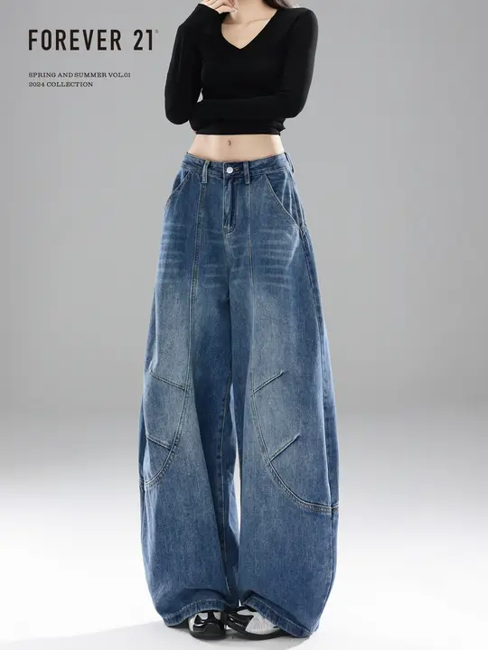 レディース ヴィンテージ風 ブルー ワイドレッグデニムパンツ【ハイウエスト・ストレート・梨型身型対応】