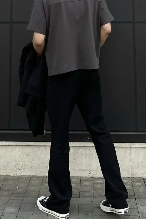 DaeeWooo 微喇叭デザイン カジュアルパンツ【ブラック・ストレッチ素材・外出用】