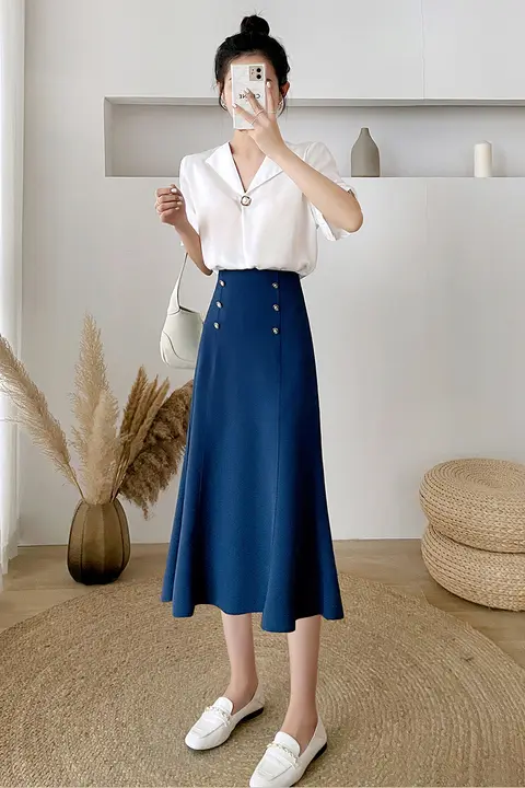 高腰フィッシュテールロングスカート【フリル付き・夏用・通勤向け・Aライン】