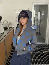 秋季カジュアルスタイル！星柄フーディーコート【毛圈素材・女性用・レトロデザイン】