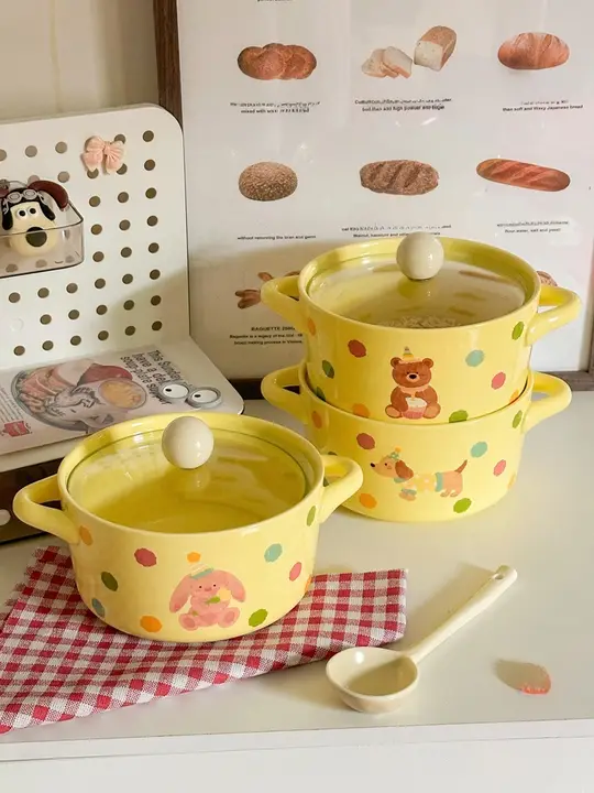 かわいい水玉模様の双耳インスタントラーメン ボウル 蓋付き